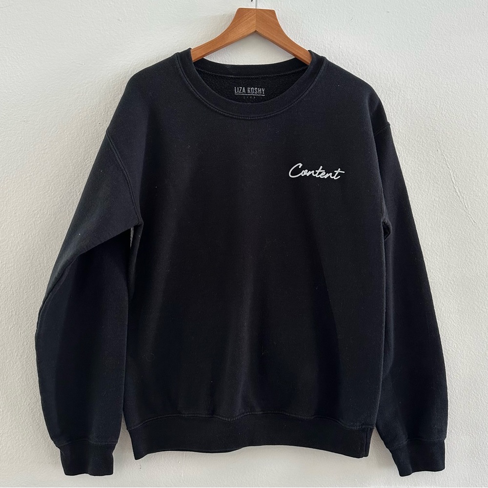Liza Koshy Black “Content” Graphic Crewneck Sweatshirt, Size Large (Tag Missing)